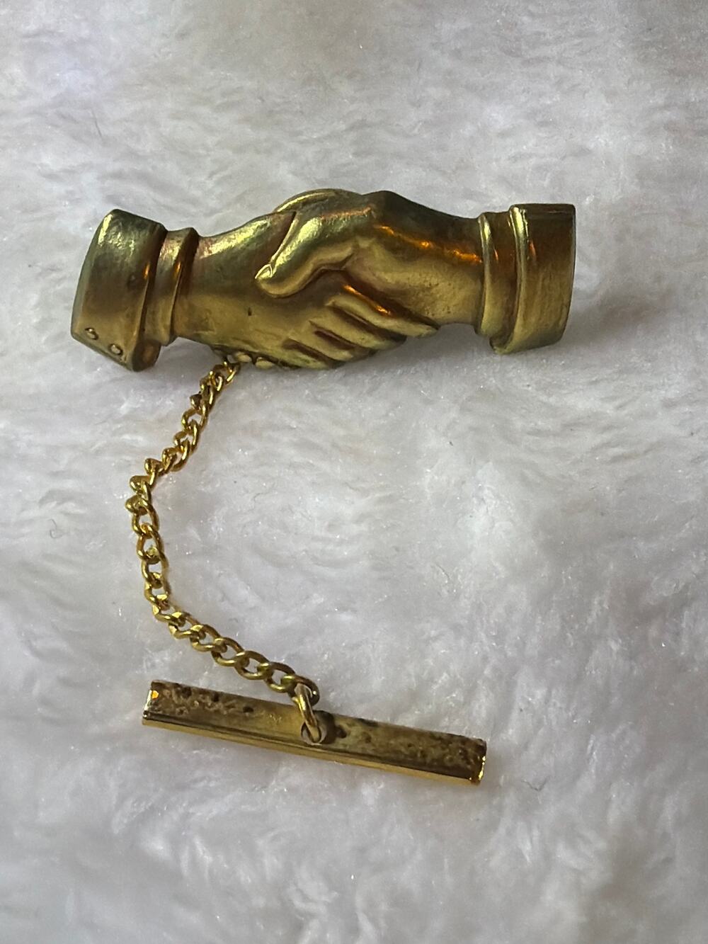 Vintage Gold Tone Handshake Tie Tack Pin Chain Bar Victorian Revival Friendship